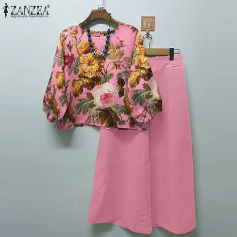 ZANZEA Autumn Floral Printed Blouse and Wide Leg Trousers Set