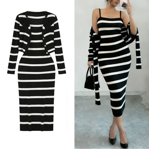 Women's 2-Piece Knit Cardigan and Striped Dress Set