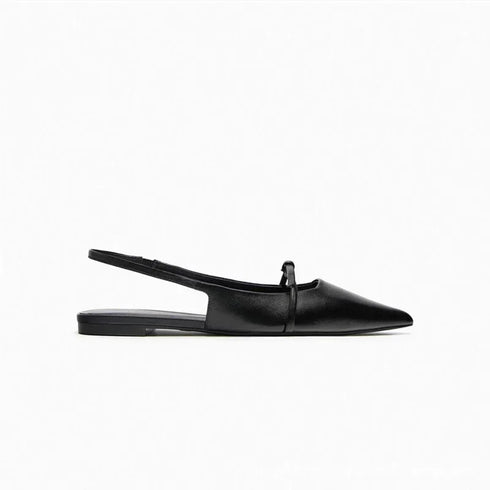 Slingback Flat Bottom Black Leather Women’s Sandals