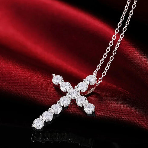 925 Sterling Silver Cross CZ Pendant Necklace