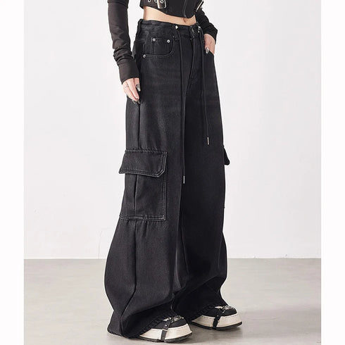 Girls Retro Streetwear Wide Leg Black Jeans
