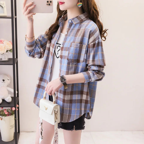 Loose Fit Cotton Plaid Shirt for Women
