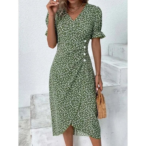 Elegant Floral Pleated Midi Dress with V Neck Puff Sleeves