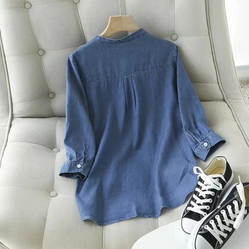 Blue Denim Lyocell Casual V-Neck Blouse