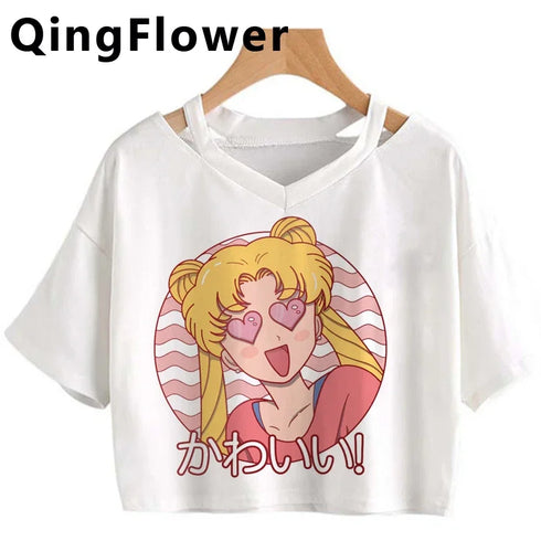 Kawaii Anime Cartoon Tee for Women - V-Neck Short Sleeve Top
