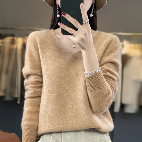 100% Merino Wool V-Neck Pullover Sweater for Women