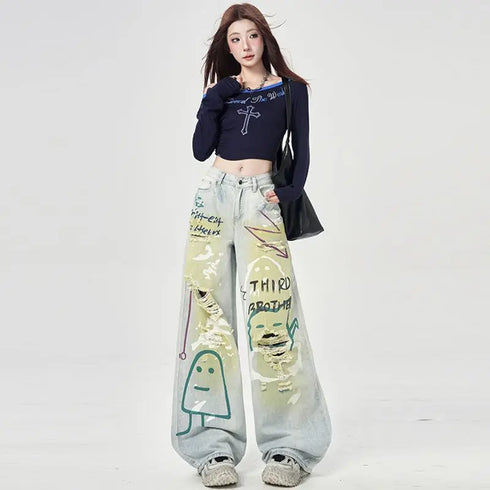 Trendy Y2K Vintage Wide Leg Jeans with Artistic Print
