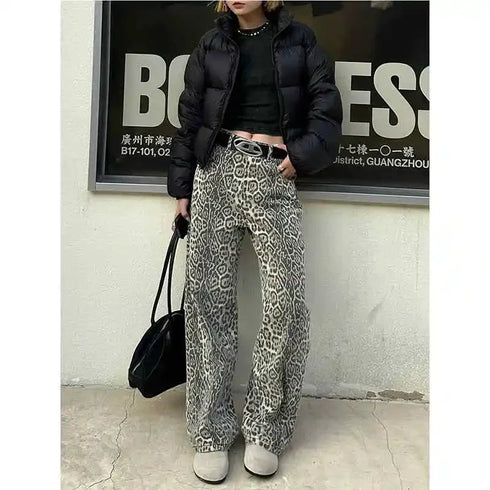Leopard Print Wide Leg High Waist Denim Trousers