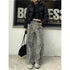 Leopard Print Wide Leg High Waist Denim Trousers
