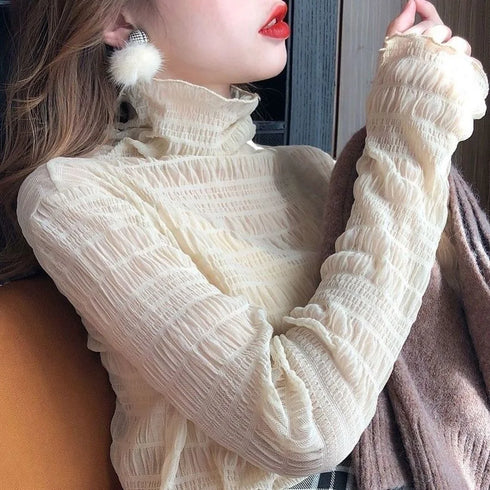 Lace Detail Turtleneck Long Sleeve Blouse