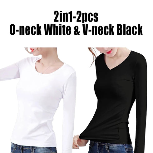O Neck V Neck Long Sleeve Shirt Women Winter Bottoming Crop Tops Black Casual Slim Basic Velvet Heating Fiber Thermal T-Shirts