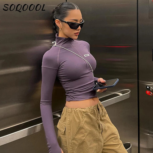 Y2K Long Sleeve Zip Crop Top for Women