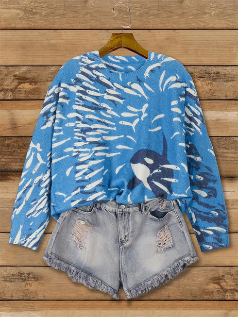 Plus Size Whale Pattern Casual Sweater for Women