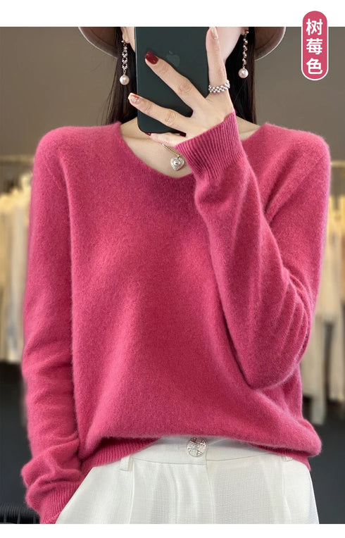 100% Merino Wool V-Neck Pullover Sweater for Women