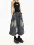 High Waist Vintage Blue Denim Cargo Pants