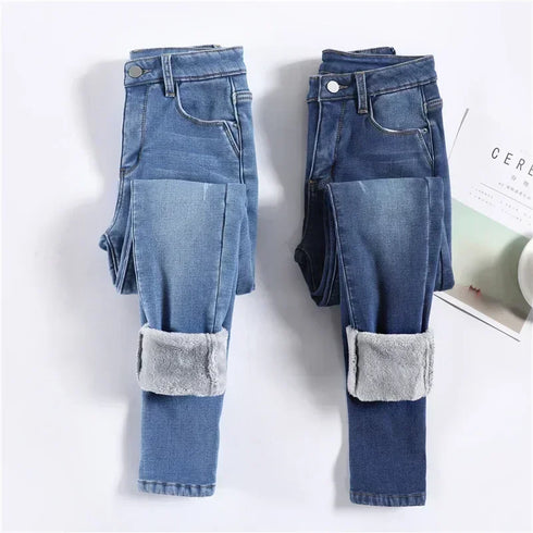 High Waist Thermal Jeans for Women - Warm Plush Denim