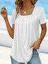 Plus Size Solid Color Pleated Square Neck Women's T-shirts Loose Short Sleeve Ruffled Lady Tee Basic Elegant Sexy Commuter Tops