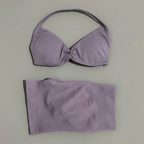 HISTELLO Women's Seamless Yoga Set with Strappy Bra and Shorts