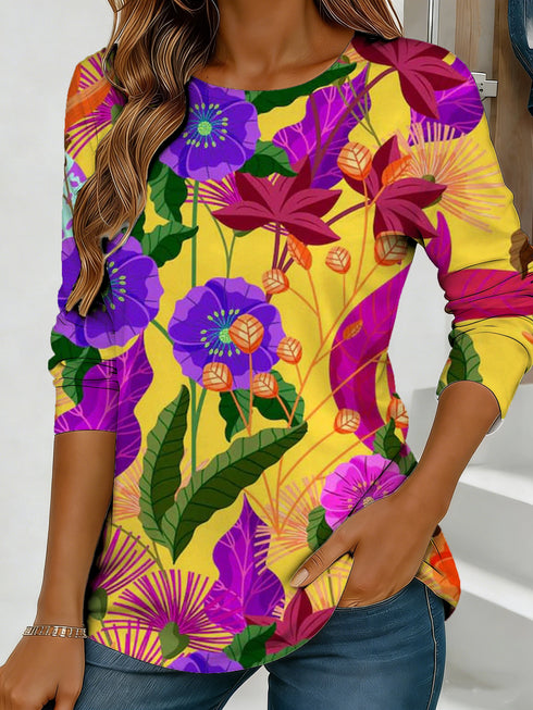 Women's blue floral watercolor print long-sleeved loose-fitting round neck top, casual, everyday, stylish and elegant.