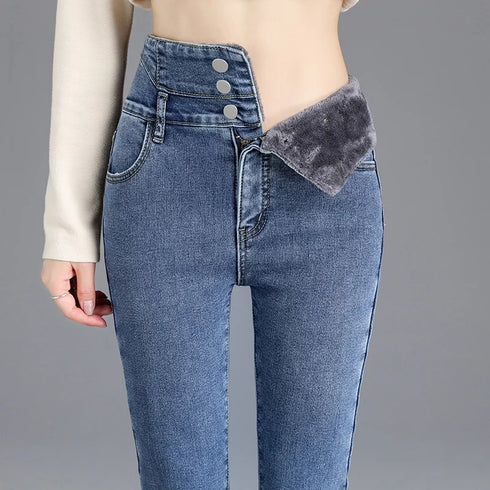 High-Waisted Fleece-Lined Slim Jeans for Women