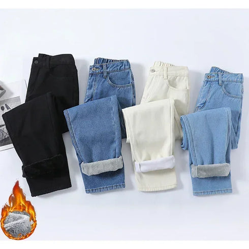 High Waist Vintage Fleece Jeans for Women