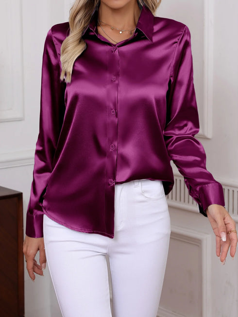 Elegant Turn-down Collar Button-front Satin Long Sleeve Women's Shirt for Daily Commute And Business Casual Wear