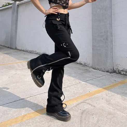 Black Punk Y2K Grunge Bootcut Pants for Women