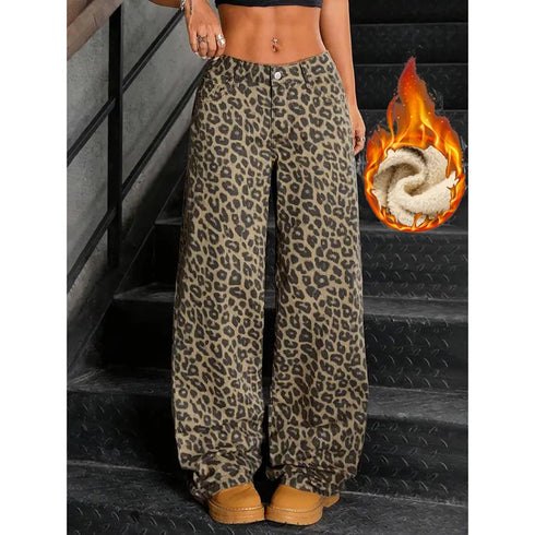 Slim Fit Leopard Print Thermal Jeans for Women