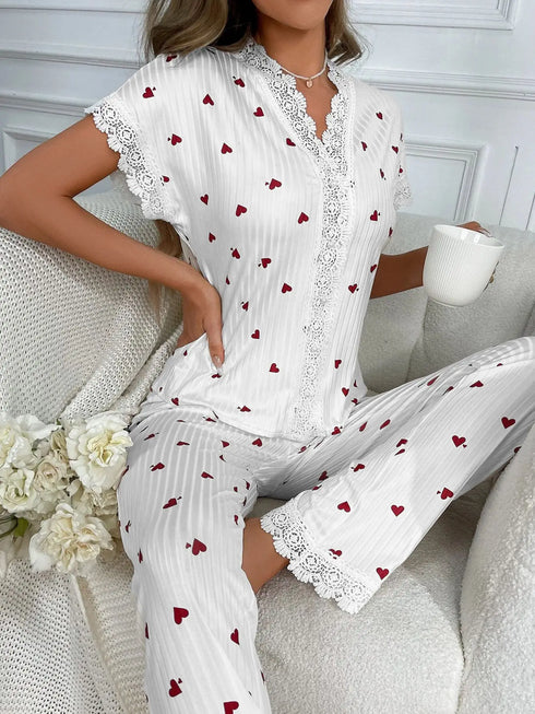 Heart Print Lace Trim Pyjama Set for Women