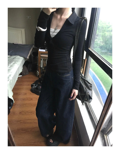 Genayooa Retro Y2K Long Sleeve Black T-shirt for Women