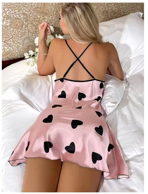 Heart Print Slip Nightdress Casual Crew Neck Mini Sleepwear
