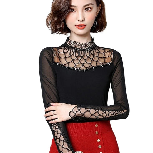Elegant Hollow Out Lace Long Sleeve Blouse