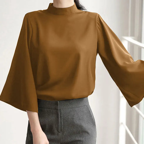 VONDA Women Fashion Blouse 2024 Elegant Autumn Tunic Tops Casual Stand Collar 3/4 Flare Sleeve Office Shirts Oversized Blusas