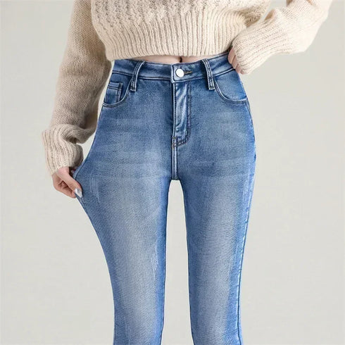 High Waist Thermal Jeans for Women - Warm Plush Denim