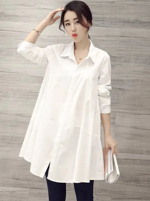 White Casual Oversized Blouses Women 2024 Autumn Korean Fashion Mid Length Winter Loose Long Sleeves Femal Blouses