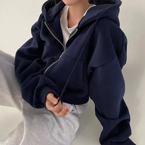 Navy Blue Hooded Cropped Sweatshirt for Women