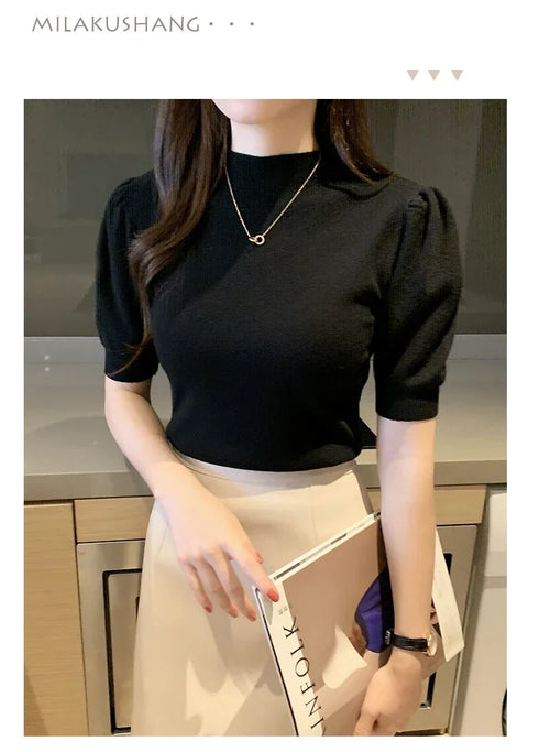 Women's Puff Sleeve Knitted Blouse with Half Turtleneck