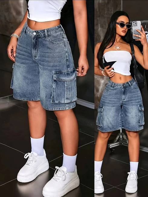 Women's Multi-Pocket Blue Overalls