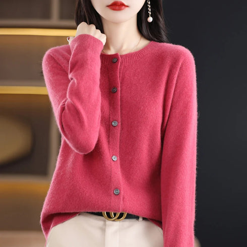 100% Pure Merino Cashmere O-Neck Cardigan for Women