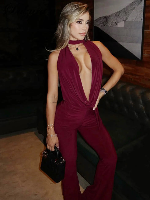 Dulzura Backless Lace-Up Flared Jumpsuit in Wine Red