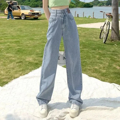 High Waist Denim Jeans with Double Buckle Design