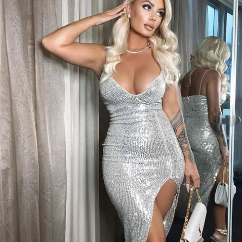 Silver Sequined Deep V-neck Bodycon Dress