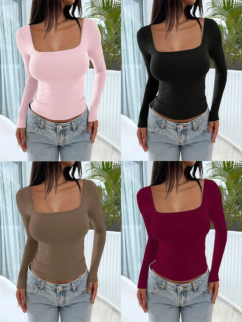 Hot Basic Square Neck Slim Women's Bottoming Clothing Casual Solid Long Sleeve Tops Versatile Fashion Multi-Color Blouse Gifts