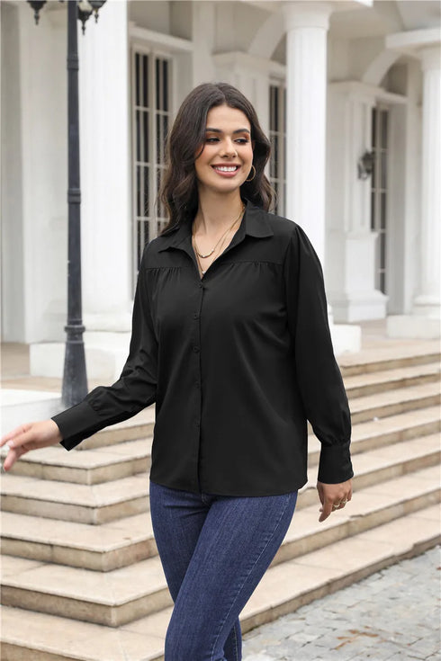 Elegant Long Sleeve Turn Down Collar Blouse