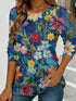 Women's blue floral watercolor print long-sleeved loose-fitting round neck top, casual, everyday, stylish and elegant.