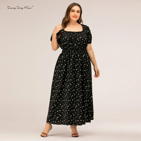 Plus Size Polka Dot Summer Dress with Puff Sleeves