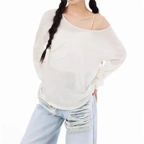 Sexy Sheer Baggy T-shirt for Women 2024 Summer Casual Fashion Loose Pullovers Chic Lazy Solid Color Off Shoulder Top Streetwear