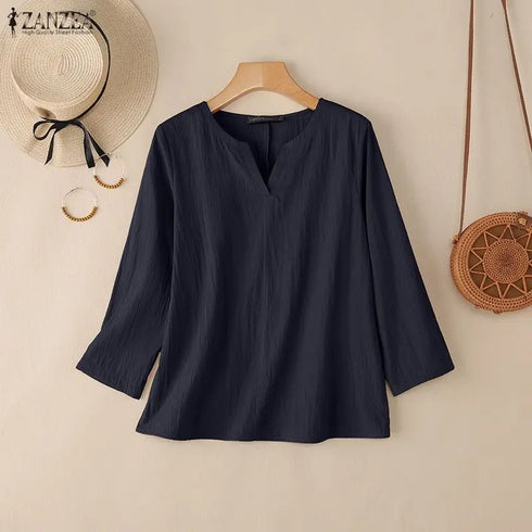 2025 ZANZEA Autumn Blouse Women V Neck Long Sleeve Tops Casual Solid Loose Shirt Female OL Work Blouses Retro Tunic Blusas Mujer