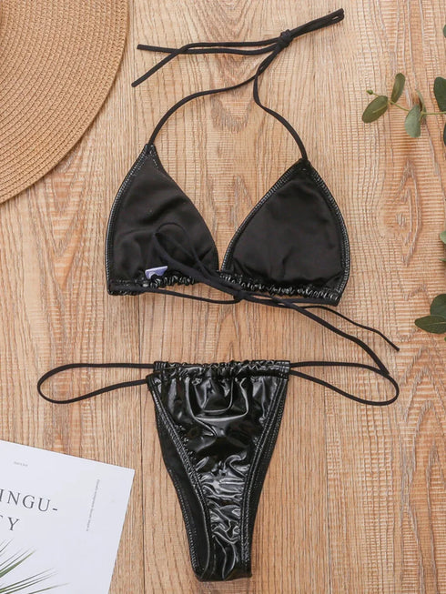 Shiny Black PU Mini Bikini Set for Women