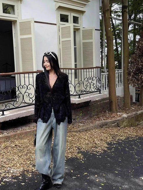 Vintage Summer Lace Blouses Women See Through Sheer Long Sleeve Sun Shirts Korean Style Casual Sun Protection Sexy Ladies Tops